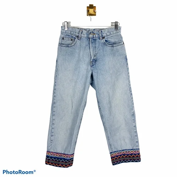 Vintage High Waisted Cropped Embroidered Hem Jeans - Picture 3 of 10